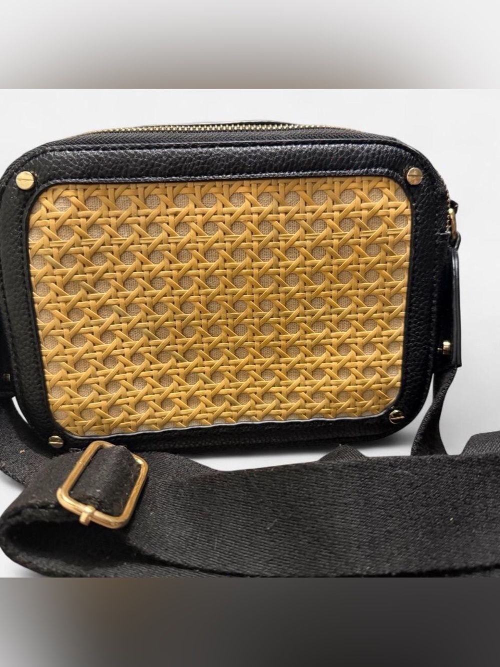Woven Straw Rattan Crossbody Bag with Black Trim